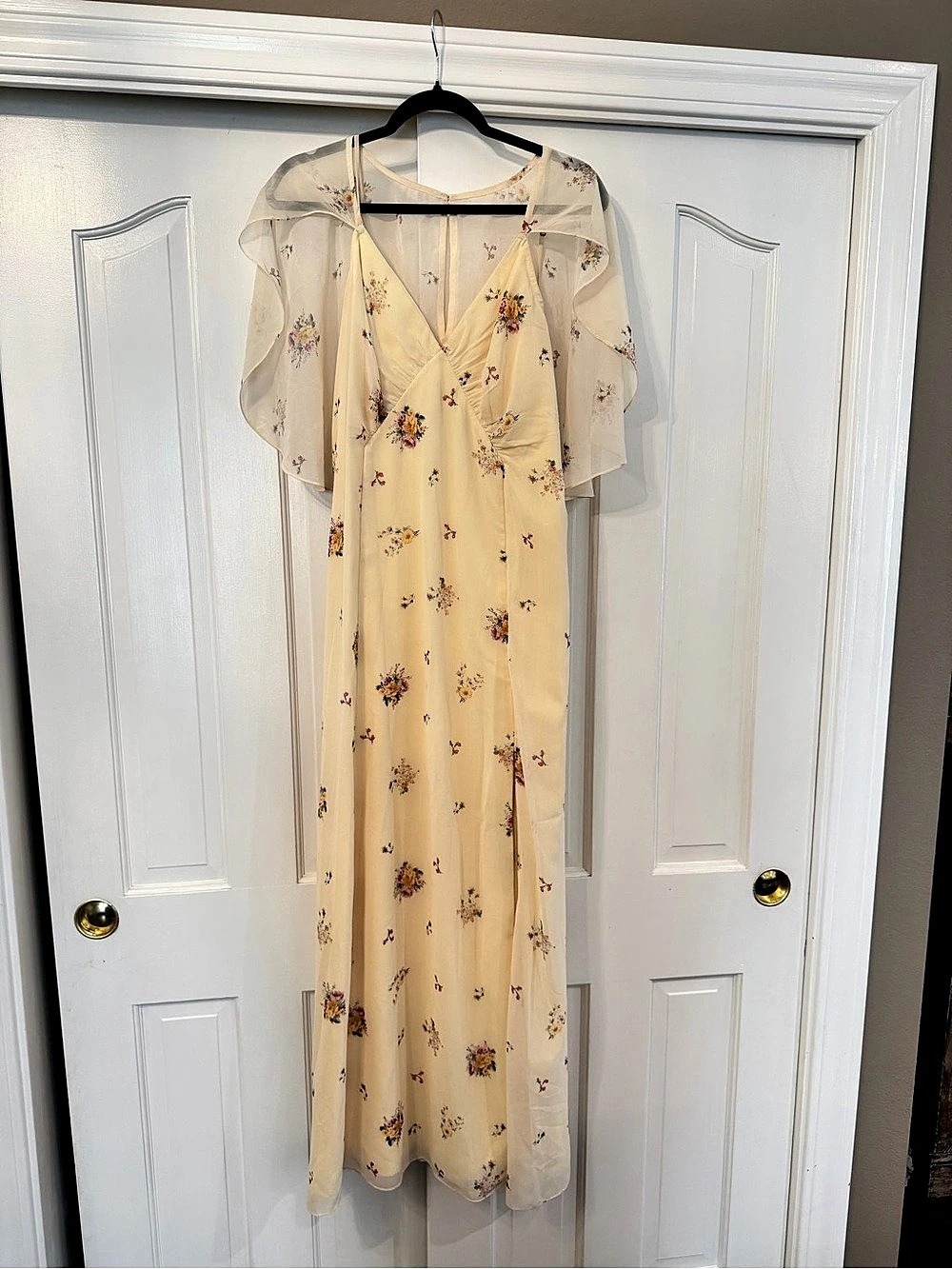 BHLDN Chiffon Cape Maxi Dress Floral Yellow & Cream XL